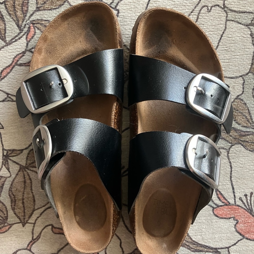 Time and Tru Black Sandals with Silver Buckles
